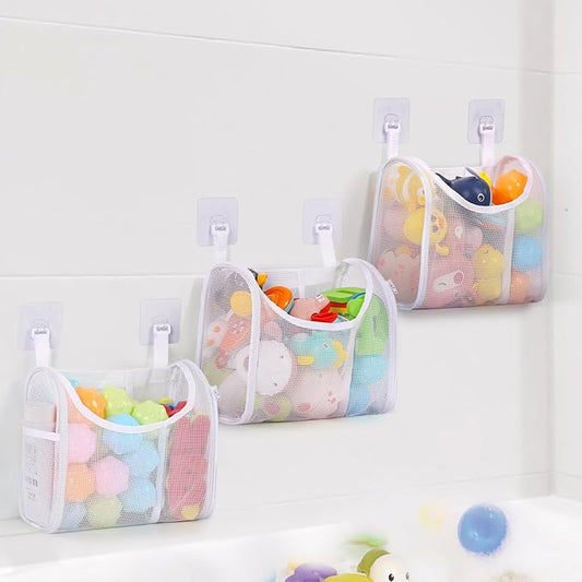 Bath Toy Storage, Detachable 6 Compartments Bath Toy Holder, Large Capacity Bathtub Toy Storage with Built-in Compartments Side Pockets, Mesh Shower Caddy for Sorting Baby Bathroom Toys - White