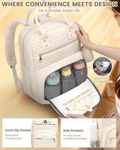 Pritent Diaper Bag Backpack,Baby Essentials Diapers Bag with Pacifier Case,Multipurpose Stylish Large Capacity Travel Backpack for Baby Girl/Boy(M-Beige)