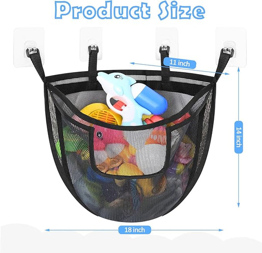 Bath Toy Storage, Corner Bath Tub Toy Storage Holder with Bottom Zipper, Quick Release Bath Toy Organizer with Large Pocket, Mesh Shower Toy Holder Basket Net Bin for Bathtub Toys - Black