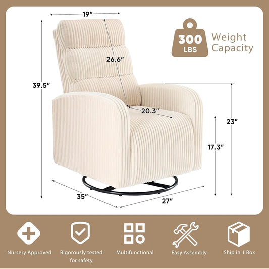 Swivel Rocker Chair, 360°Swivel Rocker Chairs with High Back Arms, Rocking Lazy Boy Chairs, Upholstered Swivels Corduroy Glider for Living Room, Bedroom, Nursing, Beige