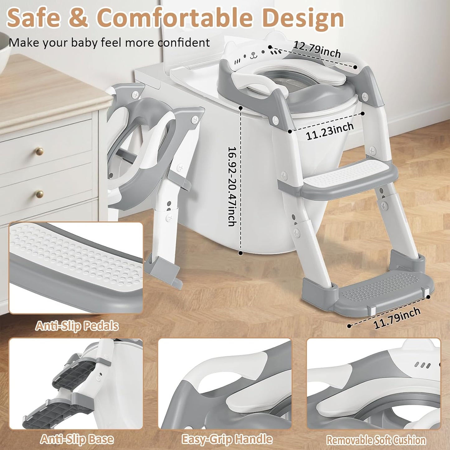 Potty Training Seat with Step Stool Ladder, 3-in-1 Toddler Potty Training Toilet Seat for Boys Girls, Height Adjustable Foldable Toddler Potty with Splash Guard, Non Slip Pad and Safety Handles(Grey)