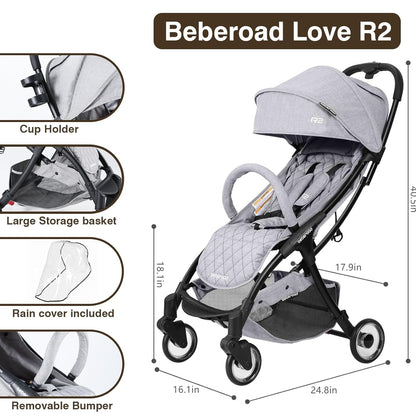 Beberoad Lightweight Baby Stroller for Airplane R2 Small Travel Stroller Compact Strollers Foldable, Infant Toddler Stroller with Adjustable Backrest, Cup Holder and Waterproof Canopy, Black