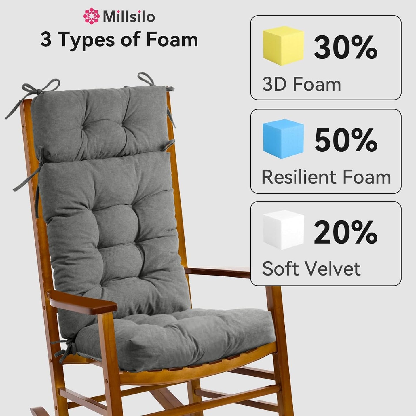 Millsilo Rocking Chair Cushions 3-Piece Set with Neck Pillow, Indoor Rocker Comfortable Tufted Non-Slip Pads with Ties, High-Density Foam Cushion for Adirondack Glider Chair, Orange, 52 x 19 x 4 Inch