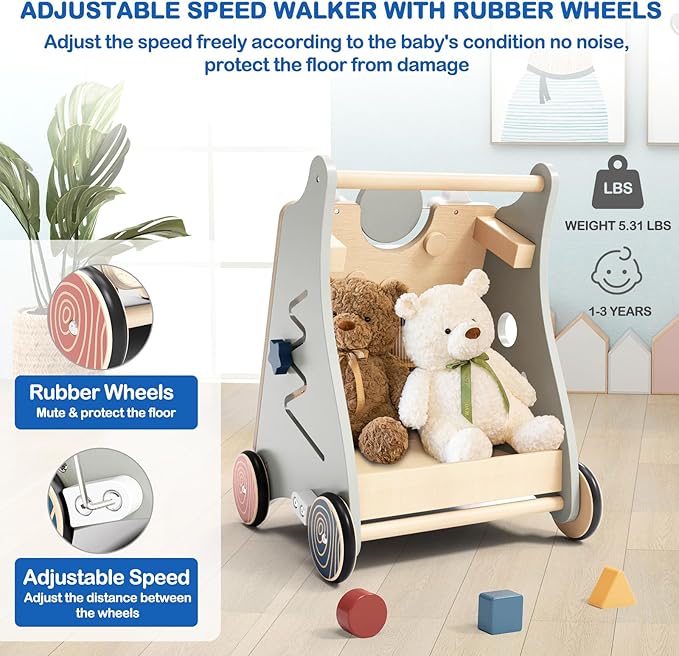 Detachable Baby Walker for Toddlers 1 Year Old Wooden Montessori Busy Board Adjustable Speed Push & Pull Walker Learning to Walk Activity Center Toy for Boys Girls 12 Months+ Baby Toys Birthday Gifts
