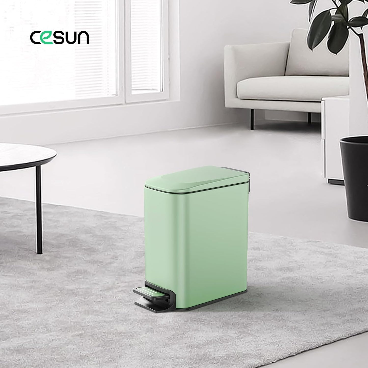 Cesun Small Bathroom Trash Can with Lid Soft Close, Step Pedal, 6 Liter / 1.6 Gallon Stainless Steel Slim Garbage Can for Bedroom, Diaper Waste Basket with Removable Inner Bucket (White)