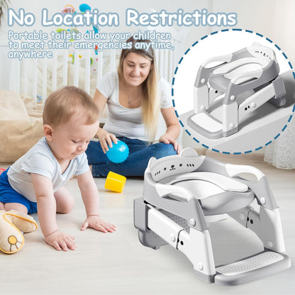 3-in-1 Baby Potty Training Seat with 2 Step Ladder, Splash Guard Anti-Slip Pad, Height Adjustable Toddler Toilet Seat with Soft Cushion for Kids Boys Girls(Grey)