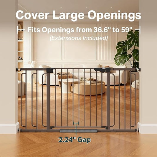 Cumbor 36.6-59" Extra Wide Baby Gate for Stairs, Pressure Mounted Dog Gate for Doorways, Auto-Close Easy Walk Through Safety Child Gate for Kids Toddler, Tall Pet Gates Indoor, Brown