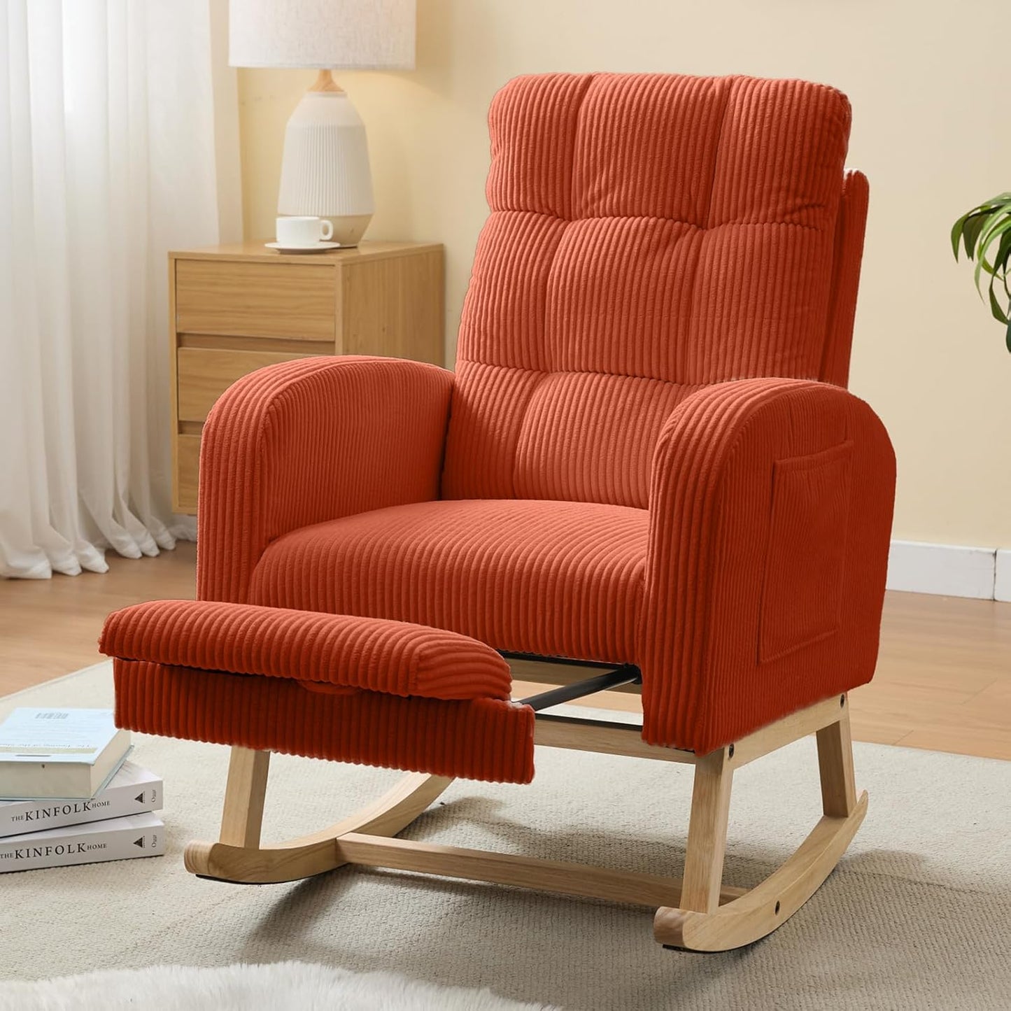 NIOIIKIT Nursery Rocking Chair, Corduroy Upholstered Rocking Chair with Adjustable Footrest, Tufted Rocker Chair with Side Pocket, Glider Rocker for Living Room, Bedroom (Cream Retro)