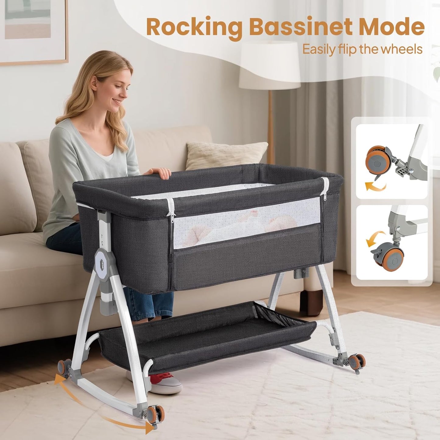 JOYMOR 3 in 1 Baby Bassinet, Bedside Bassinet for Baby, with Comfy Mattress and Wheels, 6 Height Adjustable Easy Folding Portable Bedside Crib for Newborn (Black)