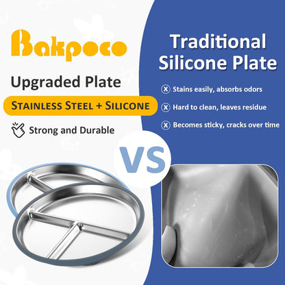 Bakpoco Stainless Steel Toddler Plate with Suction, 9” Divided Plates with Removable Silicone Sleeves for Kids, Non Toxic & BPA Free | Non Slip | Unbreakable Baby Snack Dishes Set of 2, Blue & Gray