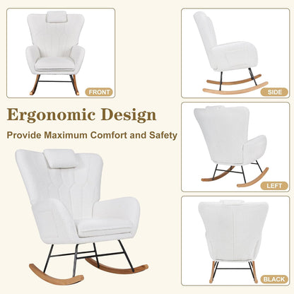 VECELO Rocking Chair Nursery with Thick Headrest, Modern Teddy Upholstered Reading Glider Rocker Accent Armchair with High Backrest, Padded Seat, Side Pocket, for LivingRoom, Bedroom, Baby Room, White
