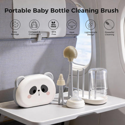 Portable Bottle Brush Set - Baby Travel Bottle Cleaner Kit with Silicone Brush, Nipple Brush, Straw Brush, Soap Dispenser, Drying Rack - Bottle Cleaning Kit for Home and Travel Essential (Panda)