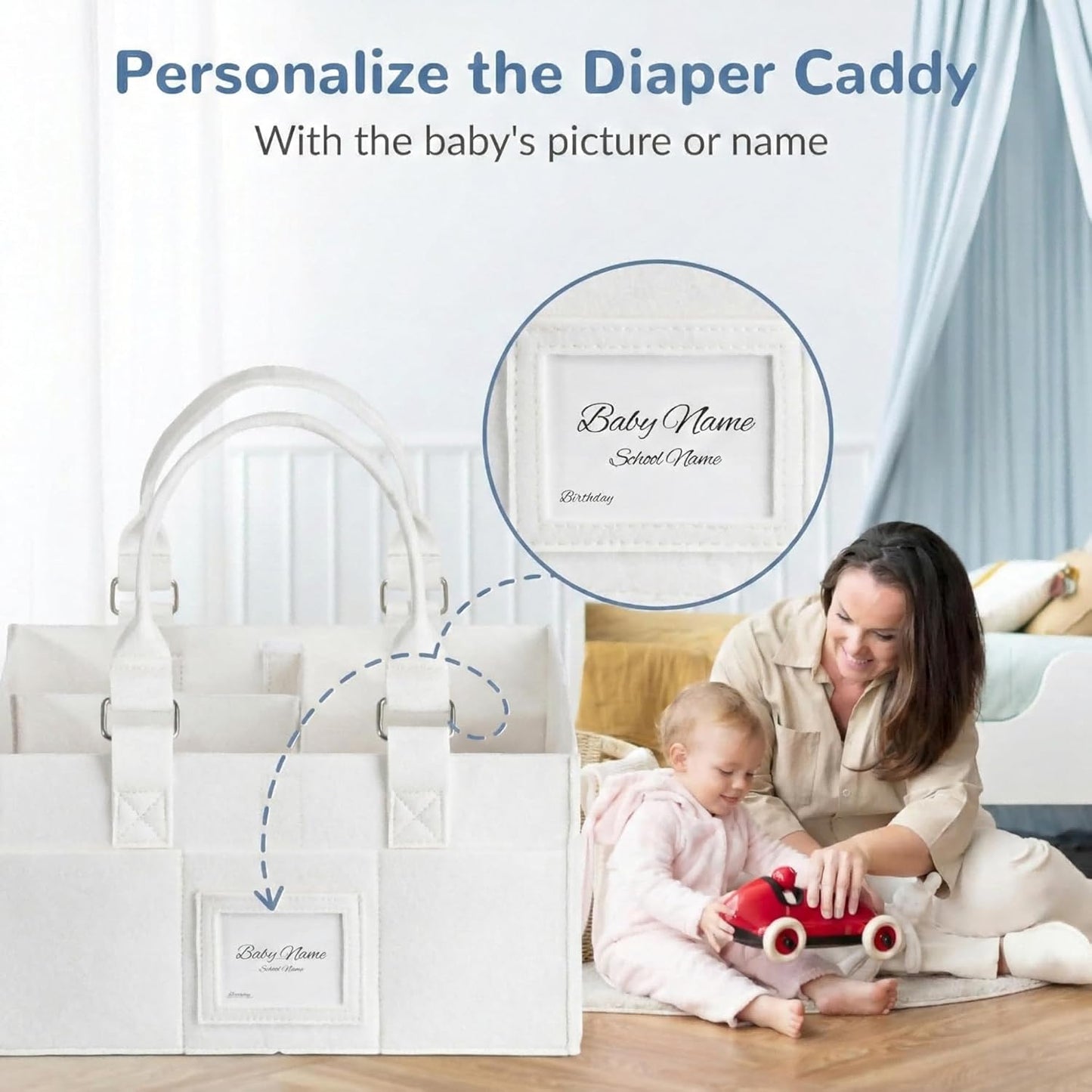 Diaper Caddy Organizer, Newborn Essetials Must Haves, Baby Registry Search and Other Baby Stuff, Collapsible Baby Basket with Handle and a Photo Frame, Grey, 11.8 x 6.3 x 9.0 inch