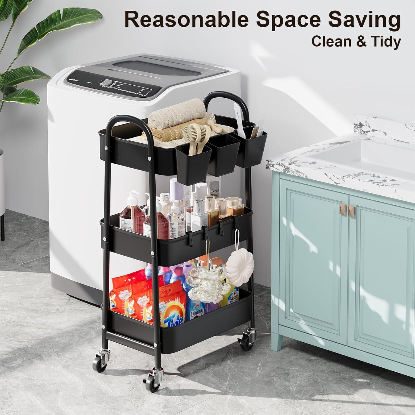 3 Tier Heavy Duty White Metal Rolling Cart with Lockable Wheels, Three Tier Roller Book Snack Cart, Utility Storage Organizer Carts for Kitchen, Bathroom, Garage, Baby Diaper, Craft, Art, Teacher