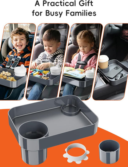 Car Seat Cup Holder Snack Tray for Kids, Reduces Mess, Detachable Large Base & Adjustable Ring, Carseat Tray for Toddler, Car Seat Food Tray Table for Kid Travel Road Trip Essentials -Light Gray
