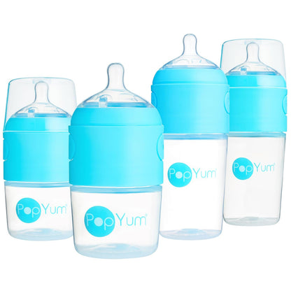 PopYum 9 oz Blue Anti-Colic Formula Making Baby Bottles, 3-Pack with #2 Medium Flow Nipples, 260 ml, BPA-Free, Natural Latch, Mixing, Dispenser