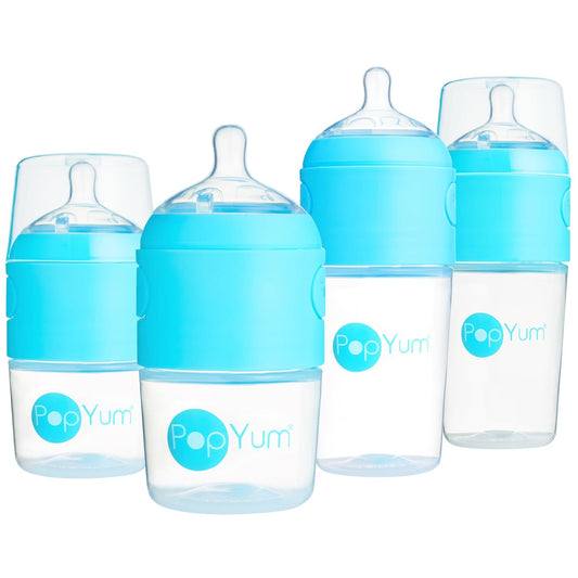 PopYum 9 oz Blue Anti-Colic Formula Making Baby Bottles, 3-Pack with #2 Medium Flow Nipples, 260 ml, BPA-Free, Natural Latch, Mixing, Dispenser