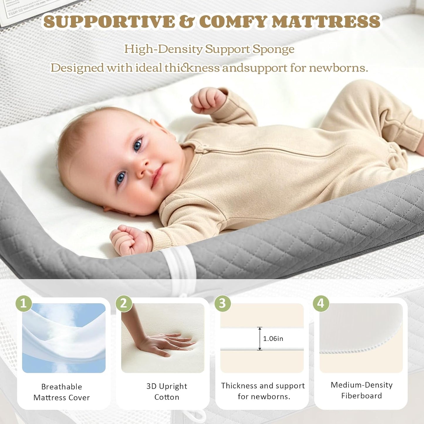 Baby Bassinet, 3-in-1 Baby Bassinets Bedside Sleeper for Newborn with Breathable Mesh, Portable Baby Crib with 4- Adjustable Height, Mattress, Storage Basket & Lockable Wheels, CPSC Beige