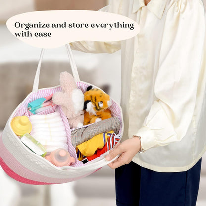 luxury little Diaper Caddy Organizer, Large Cotton Rope Nursery Baby Basket, Changing Table Organizer for Baby Diaper Storage, Portable Car Organizer Removable Divider (Off White, Large)
