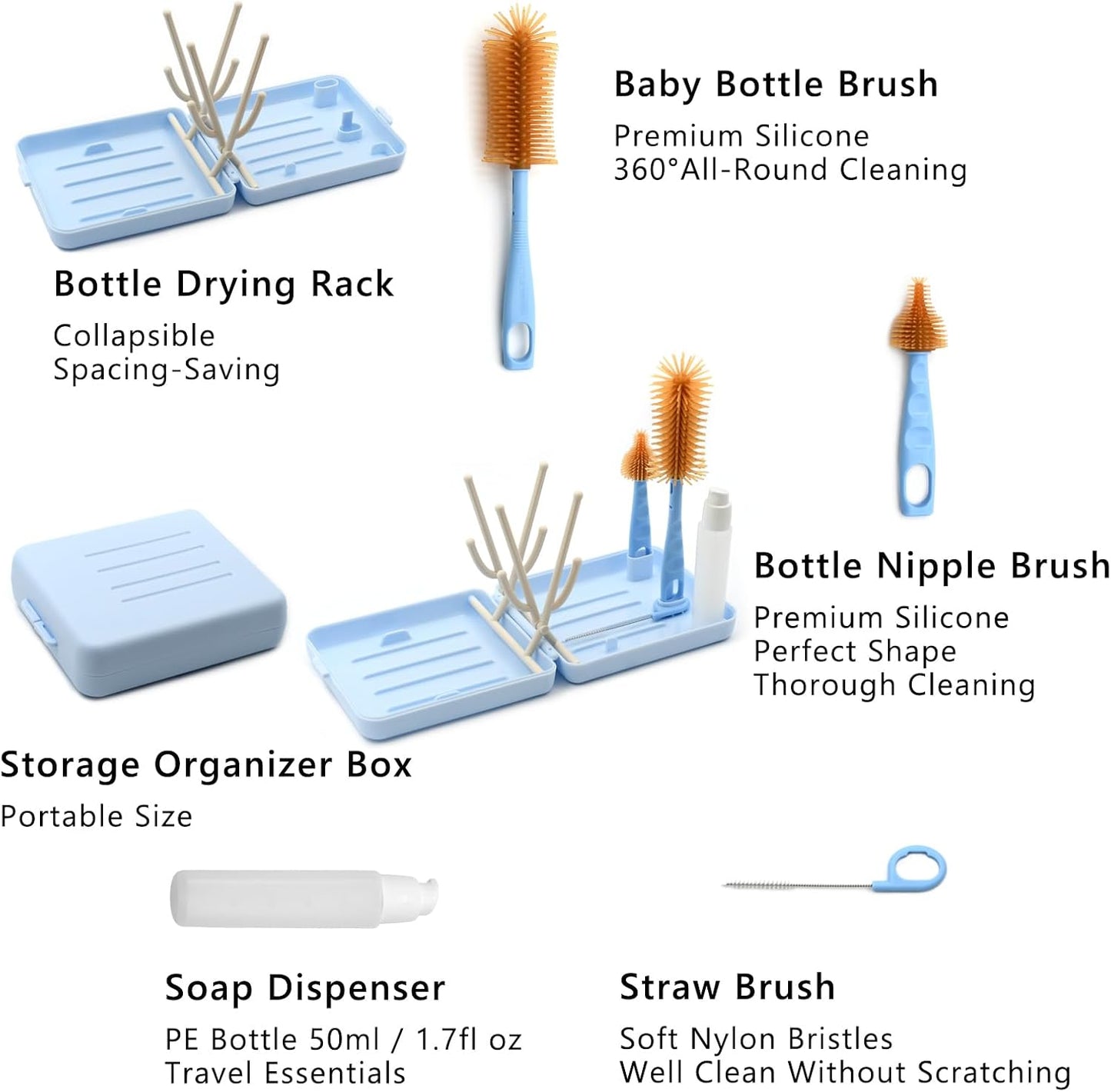 Portable Baby Bottle Brush Kit Premium Silicone Bottle Cleaner Brush, Nipple Brush, Straw Brush, Soap Dispenser, Bottle Drying Rack, and a Storage Organizer Case for Both Home and Travel Uses (White)