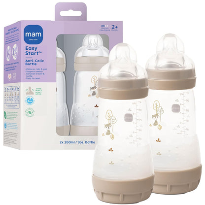 MAM 9oz Easy Start Anti-Colic+ Wide Neck Baby Bottle, Medium Flow Breastfeeding-Like Nipple, Reduces Colic Gas & Reflux, Easy To Clean, BPA Free, 2+ Months, Made In Europe, Bonus Fast Flow Nipple, Boy