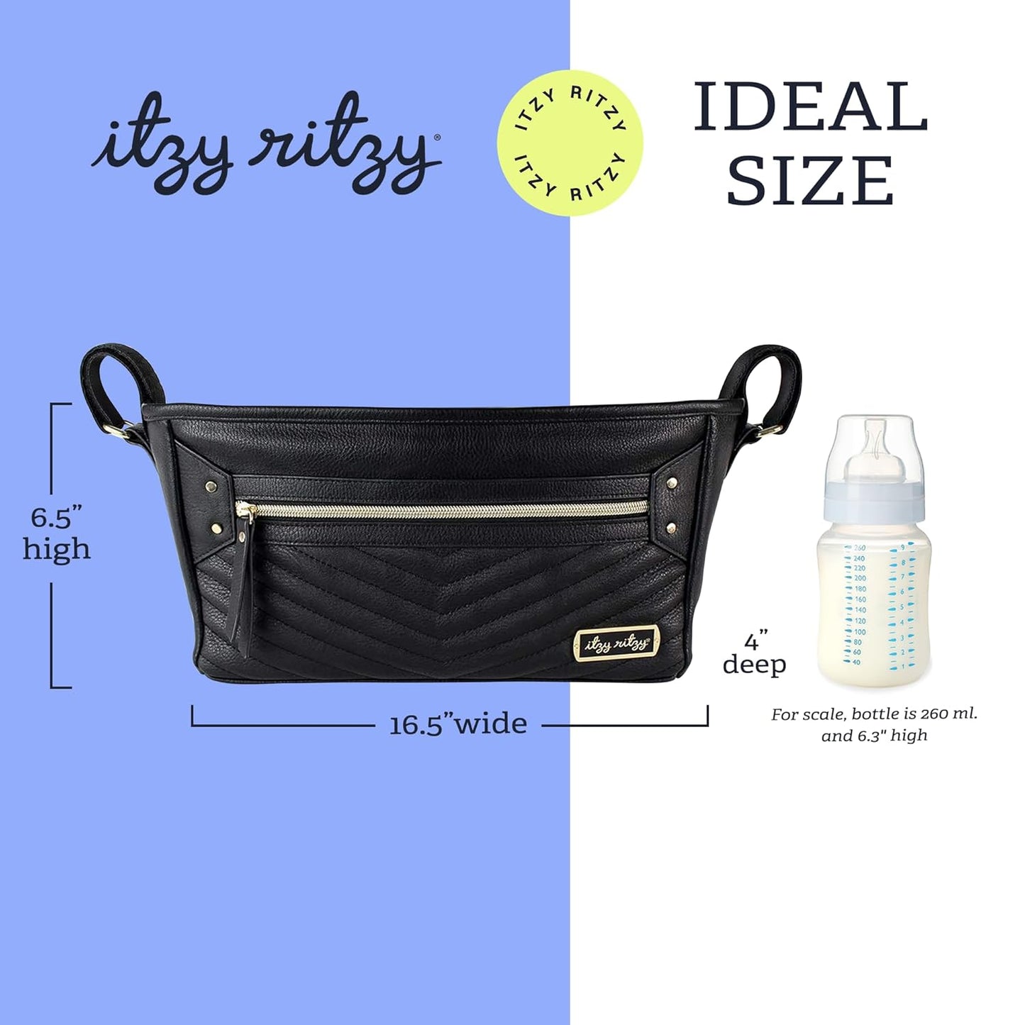 Itzy Ritzy Adjustable Stroller Caddy and Organizer Bag Featuring Front Zippered Pocket, 2 Built-In Interior Pockets & Adjustable Straps to Fit Nearly Any Stroller (Coffee and Cream)