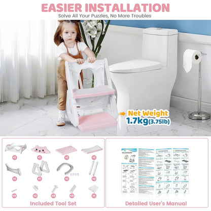 Orzbow Potty Training Seat | Upgrade Toddler Potty Training Toilet with Step Stool, 2-in-1 Stability Toilet Seat for Boys Girls | with Splash Guard, Anti-Slip Pad, Ladder, and Height Adjustable, Pink