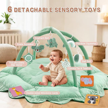 5-in-1 Baby Activity Gym & Play Mat with 6 Hanging Toys, Tummy Time Mat & Cards - Extra Large, Reversible Machine Washable Pad - Gift for Newborns, Infants 0-12 Months, Sage Green