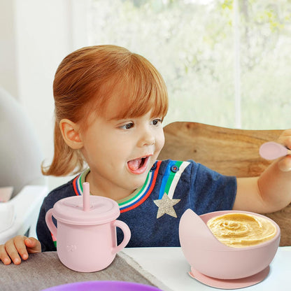 100% Silicone Baby Feeding Set, BPA Free Baby Dishes with Suction Bowl, Divided Plate, Toddler Self Feeding Dish Set with Spoons, Forks, Sippy Cup and Bib, Baby Eating Utensils (Navy Blue)