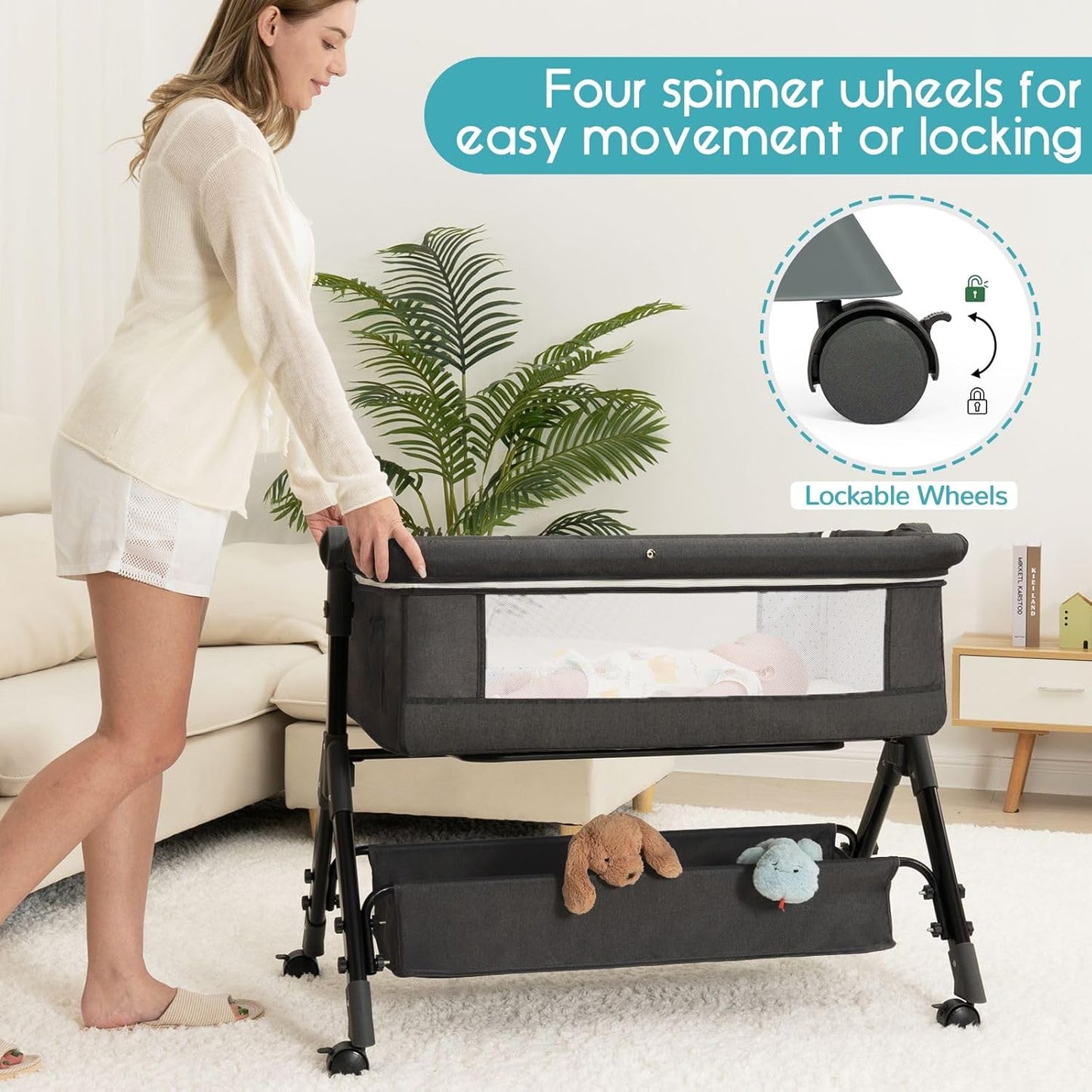 BCOL 3 in 1 Baby Bassinet Bedside Sleeper, Bedside Crib for Baby, Adjustable Baby Bassinet with Wheels, Storage Basket, Mattress, Easy Assemble & Folding Portable Baby Cradle (Grey)