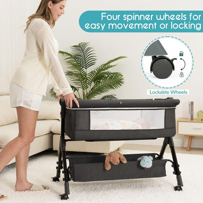 BCOL 3 in 1 Baby Bassinet Bedside Sleeper, Bedside Crib for Baby, Adjustable Baby Bassinet with Wheels, Storage Basket, Mattress, Easy Assemble & Folding Portable Baby Cradle (Grey)