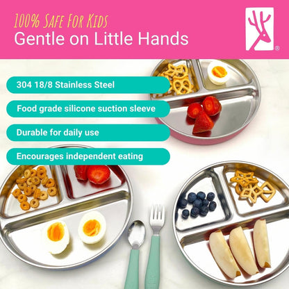 Elk and Friends Stainless Steel Divided Plates with Silicone Sleeve for Babies & Toddlers | Lids Included | Stay Put Suction | Dinner & Snack Plates | 4 Pack
