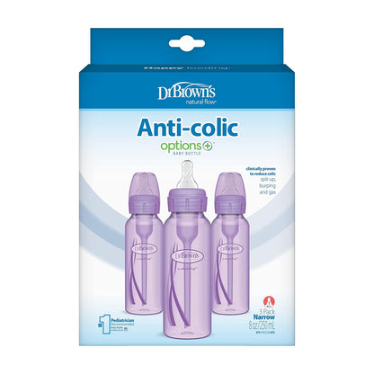 Dr. Brown’s Natural Flow® Anti-Colic Options+™ Narrow Baby Bottles 8 oz/250 mL, with Level 1 Slow Flow Nipple, 3 Pack, 0m+ Purple