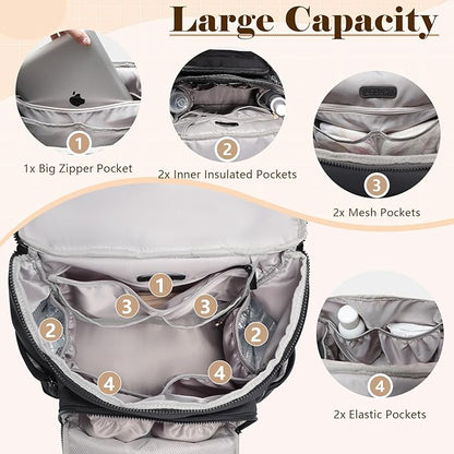 Diaper Bag Backpack, Neoprene Bag Backpack, Large Diaper Backpack with 16 Diaper Bag Organizers, 4 Insulated Pockets, Lighweight Travel Baby Bag with Changing Pad for Mom & Dad, Black