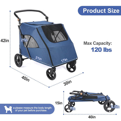 Large Dog Travel Stroller with 4 Heavy Duty Wheels Pet Stroller with Adjustable Handle - Double Doggie Capacity Jogger Wagon with Back Front Door for Small Medium Large Dogs (Dark Light Gray)