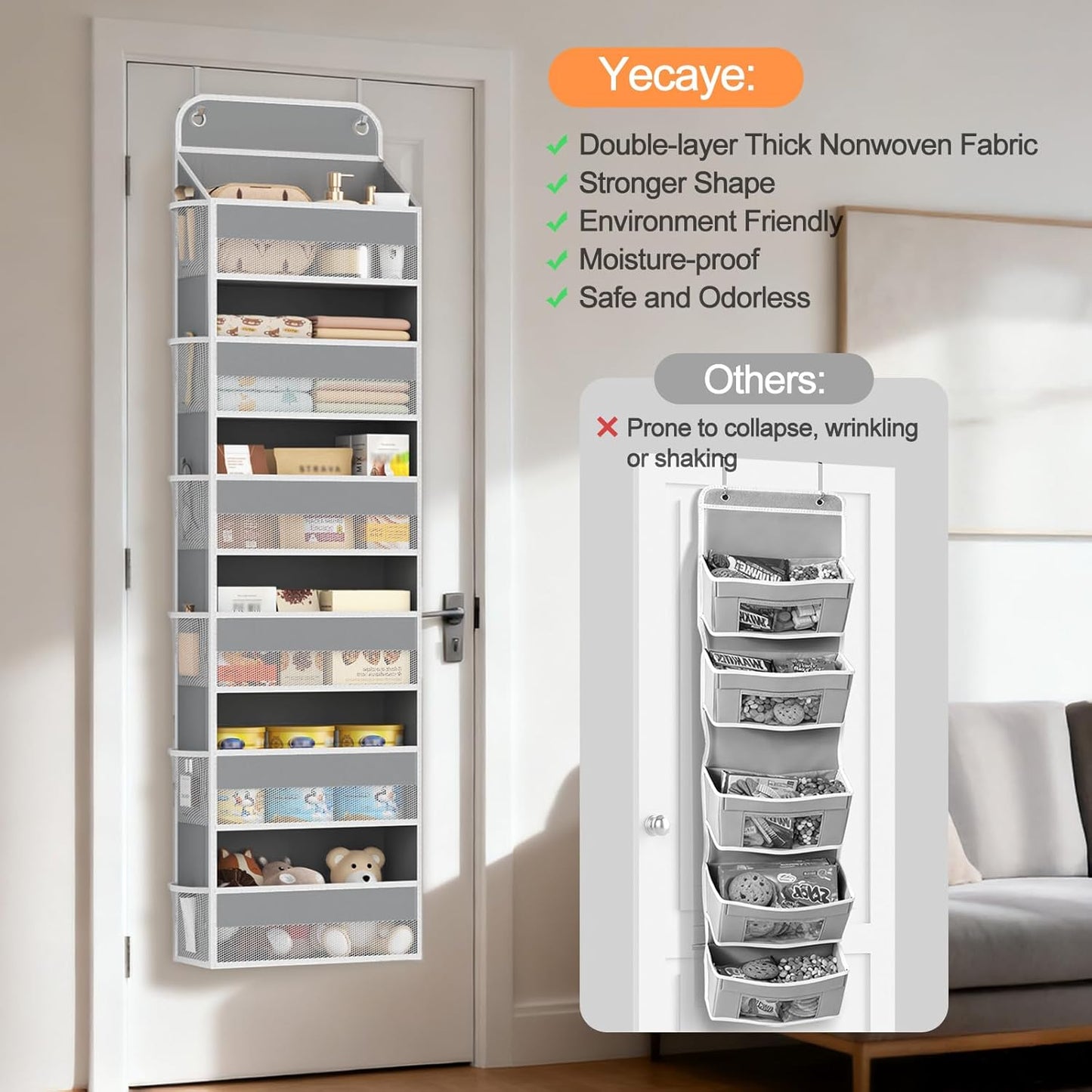 Yecaye 1 Pack Over the Door Organizer, 35.2lbs Load Toy Stuffed Animal Storage, Swing-proof Hanging Bathroom Organizers and Storage for Nursery Newborn Baby Essential Stuff Dorm Room Essentials