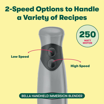 BELLA Immersion Hand Blender, Portable Mixer with Whisk Attachment - Electric Handheld Juicer, Shakes, Baby Food and Smoothie Maker, Stainless Steel, Black