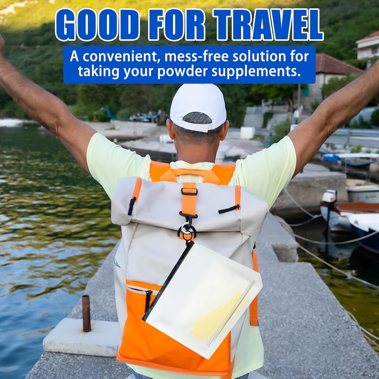 MUOUAKATE Protein Powder Travel Container Set - Reusable Powder Supplement Container To Go - 21pc Single Dose Bags and 3pc Large Travel Containers Zip Up Bags