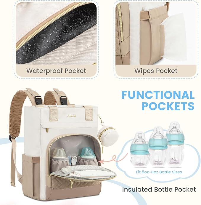 LOVEVOOK Diaper Bag Backpack, Large Capacity Portable Baby Bag with Foldable Diaper Changing Pad, Waterproof Baby Diaper Bags Gift for Mon Dad, Light Brown