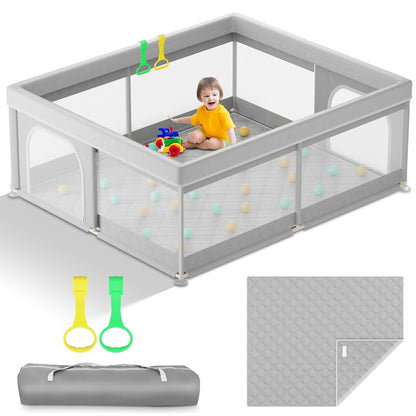 Omzer Baby Playpen with Mat 71"×59" - Extra Large Playpen for Babies and Toddlers with Mat Included, Safety Playard for Baby with Gate, All-Wrapped Soft Sponge Baby Gate Playpen with Stable Mat Velcro