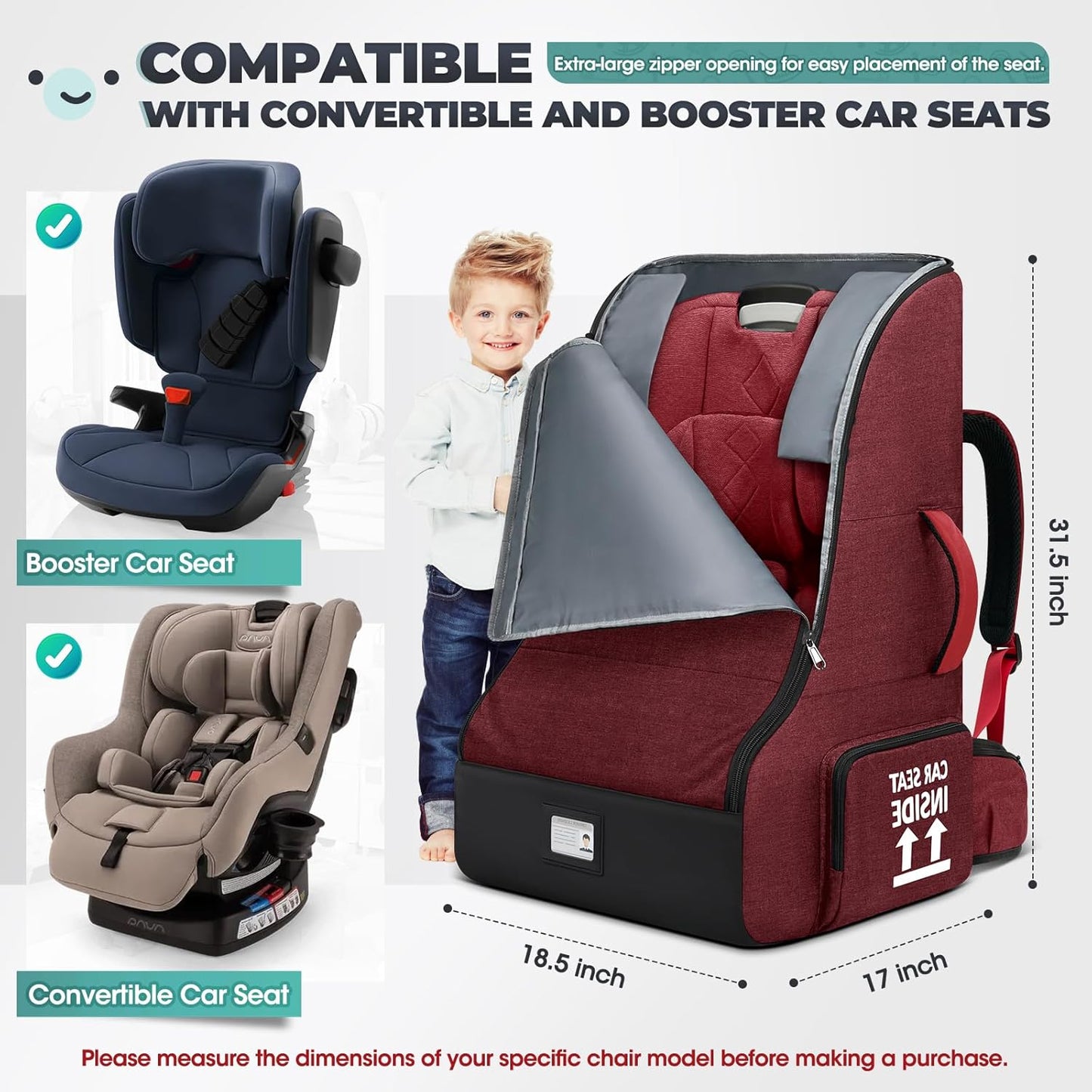 RAINSMORE Padded Car Seat Travel Bag for Airplane Heavy Duty Car Seat Backpack for Air Travel Baby Carseat Cover Bags for Airport Large Car Seats Carrier Fits Car Seats & Booster Seats, Black