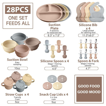 Yinder 32 Pack Silicone Baby Feeding Set Baby LED Weaning Supplies Includes Suction Divided Plates Soft Bowl Spoons Forks Adjustable Bib Snack Cup with Lid and Straws (Soft Color)