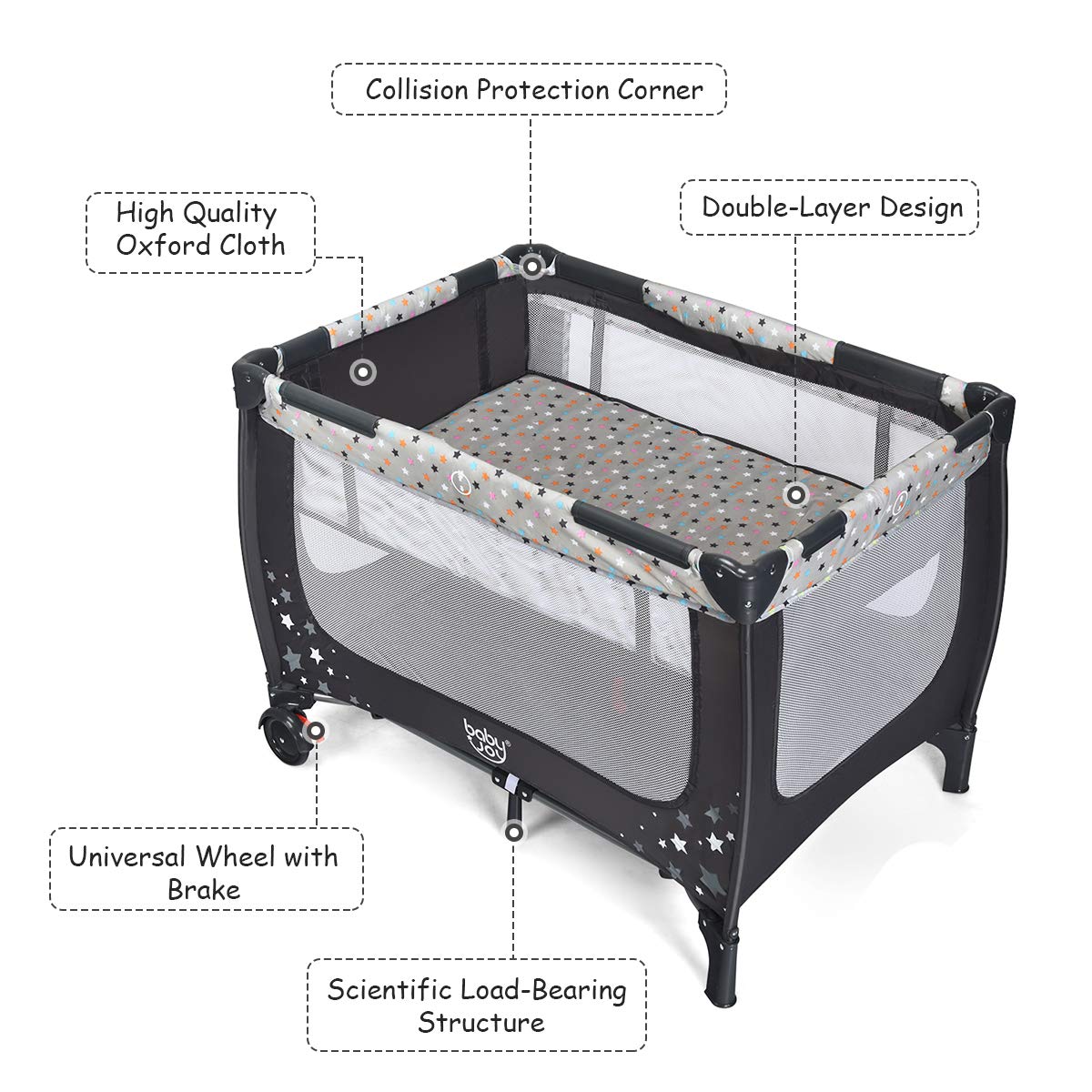 BABY JOY 3 in 1 Pack and Play, Portable Baby Playard with Bassinet, Changing Table, Lockable Wheels, Glowing Music Box, Travel Baby Crib Bassinet Bed from Newborn to Toddler