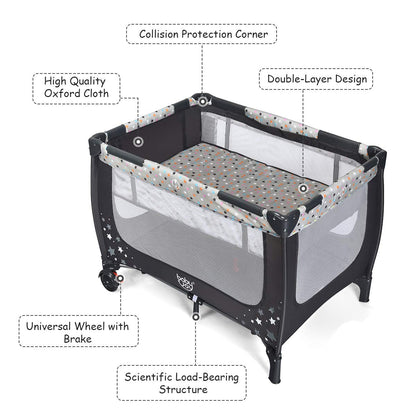 BABY JOY 3 in 1 Pack and Play, Portable Baby Playard with Bassinet, Changing Table, Lockable Wheels, Glowing Music Box, Travel Baby Crib Bassinet Bed from Newborn to Toddler