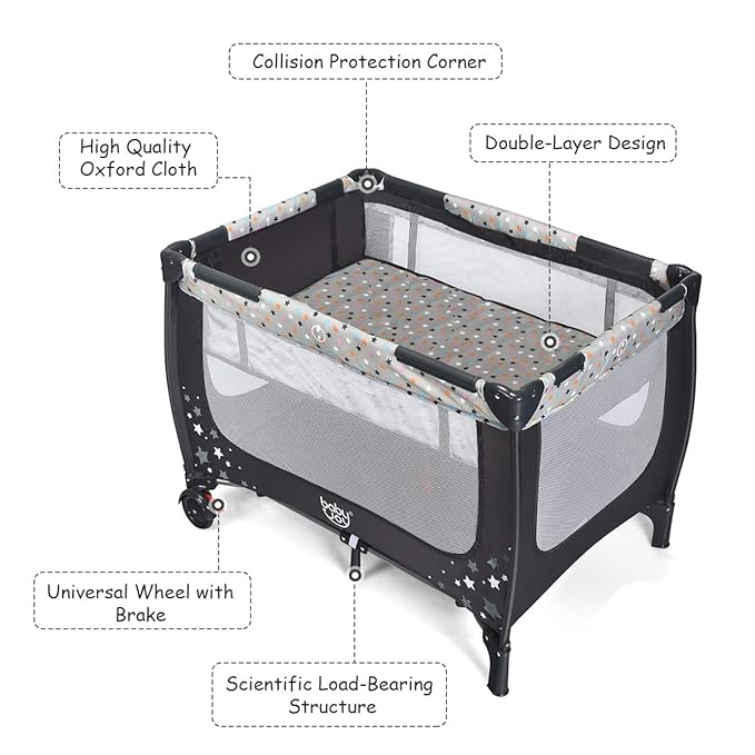 BABY JOY Pack and Play with Bassinet, Portable Playard for Baby, Double Layer Foldable Baby Playpen with Mattress, Lightweight Travel Crib with Bassinet & Carry Bag from Newborn to Toddlers