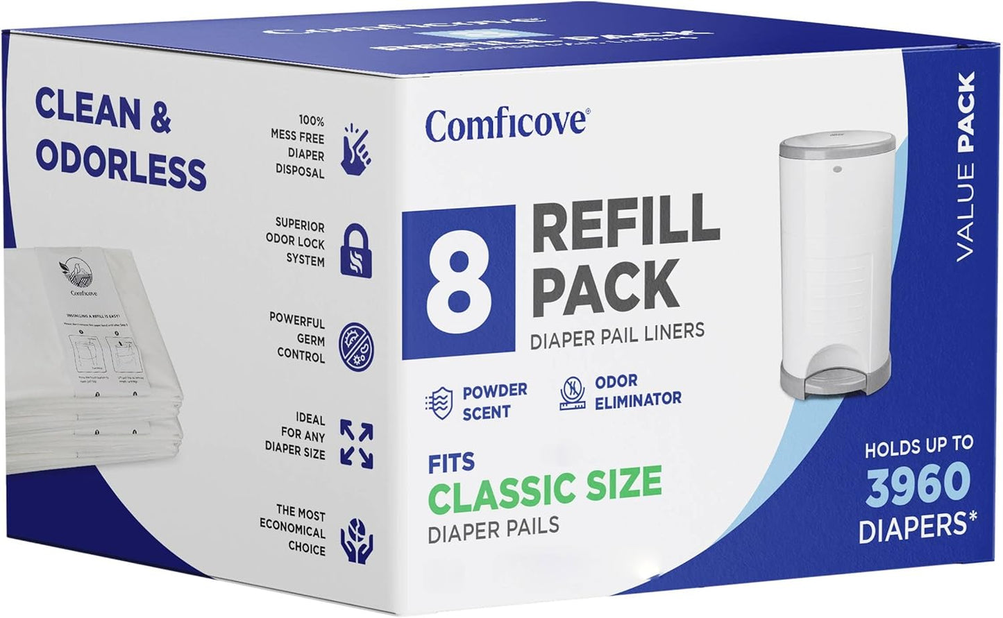 COMFICOVE Refills Compatible with DEKOR PLUS Diaper Pails | 4 Pack | Extra Thick Diaper Pail Refill Liners | Fresh Scent | Easy to Replace and Dispose of Diaper Bag | Odorless Baby Diapers Disposal