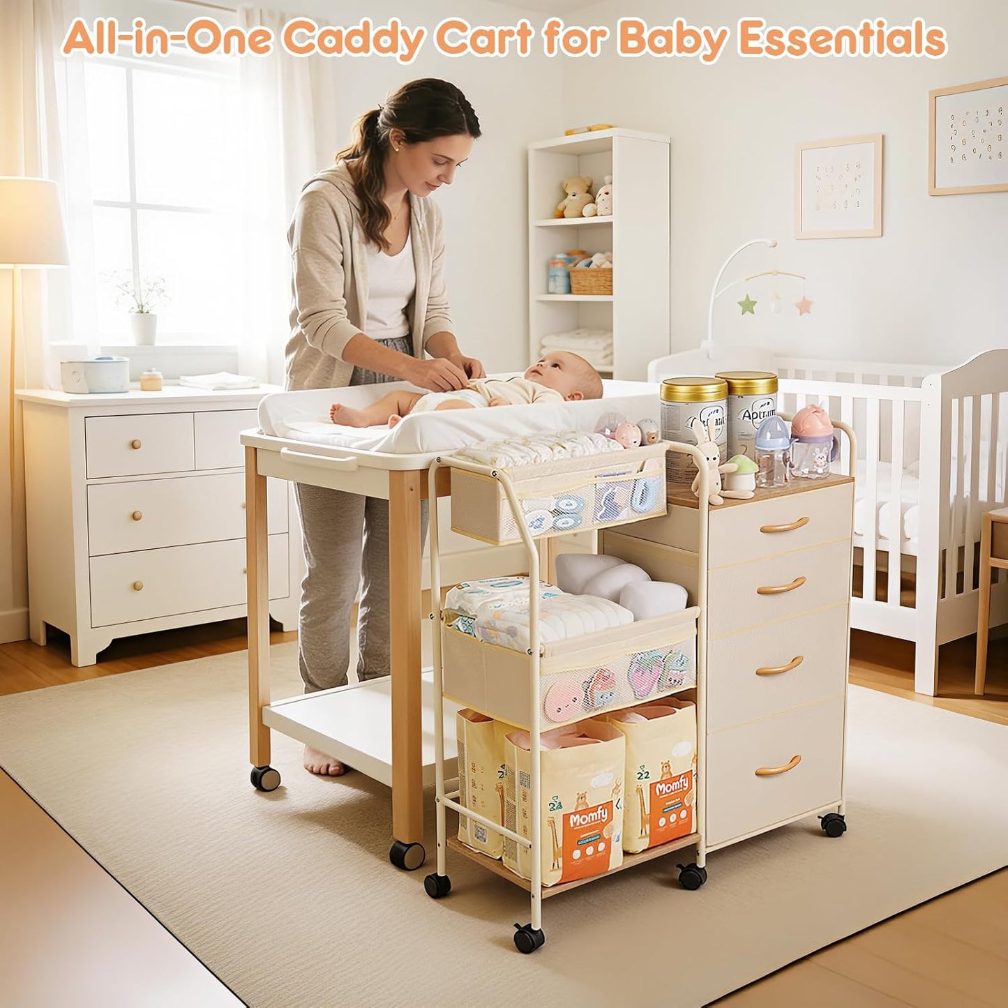 Fabuday Baby Diaper Caddy Organizer Cart - 4 Tier Rolling Diaper Cart with Wheels, Baby Essentials Organizers and Storage, Mobile Utility Carts for Bedside, Crib Nursury, Bedroom, Changing Table