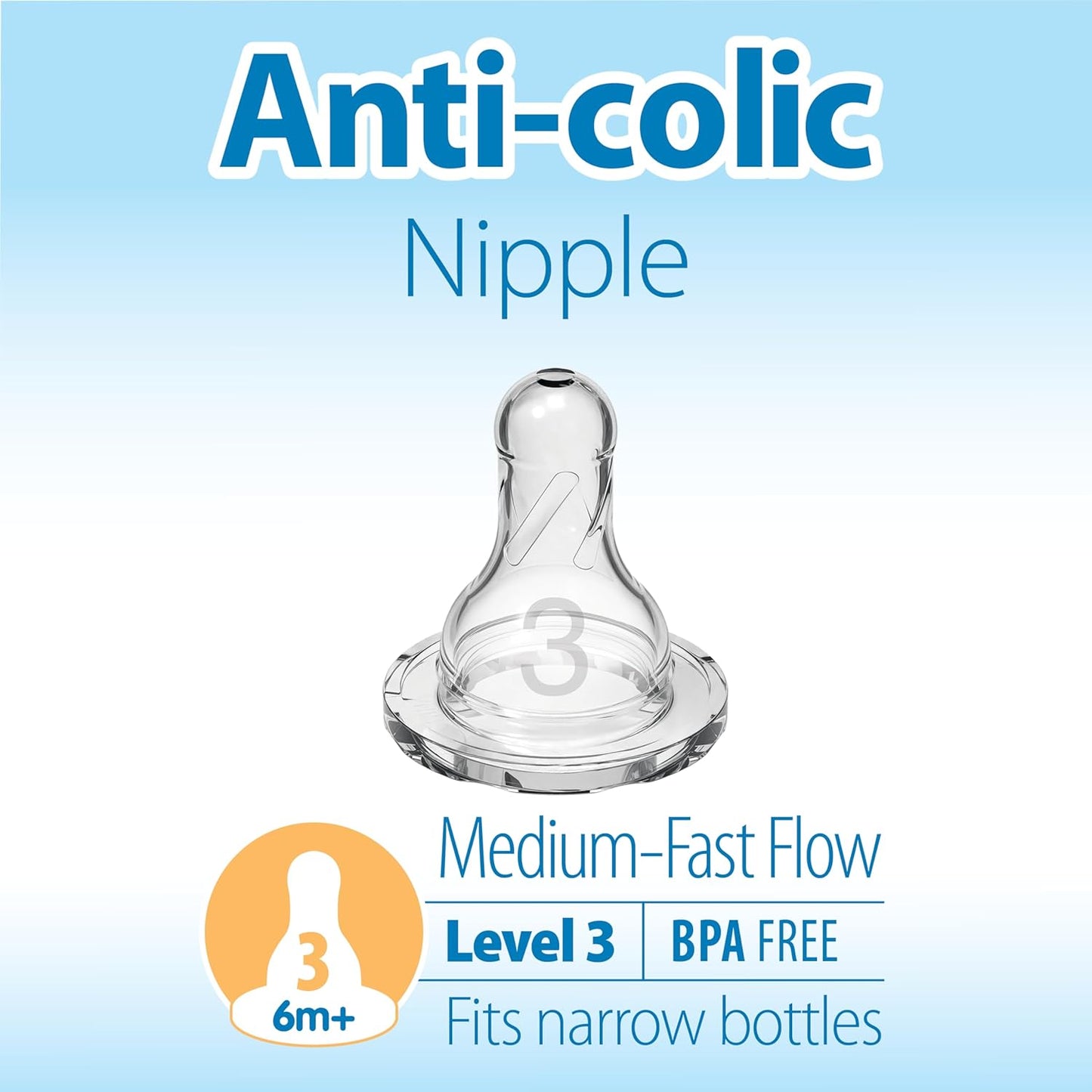Dr. Brown's Natural Flow Level 1 Narrow Baby Bottle Silicone Nipple, Slow Flow, 0m+, 100% Silicone Bottle Nipple, 6 Count (Pack of 1)
