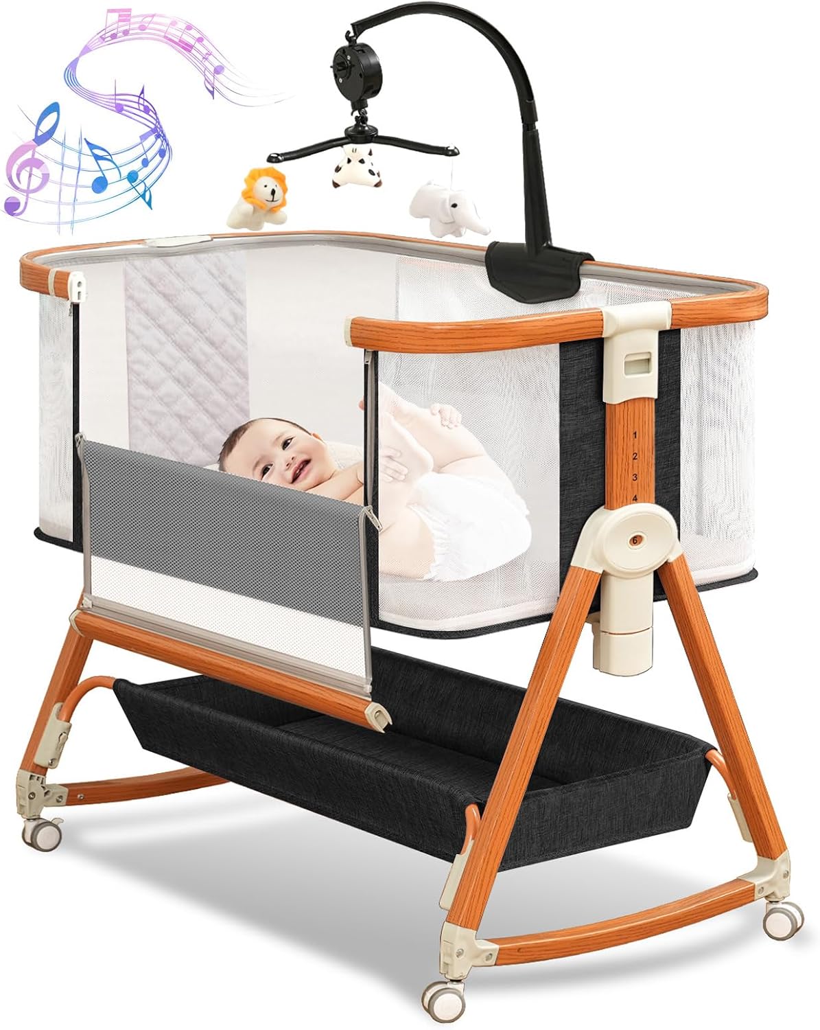 3 in 1 Bassinet,Baby Bassinets Bedside Sleeper with Musical Toy,Adjustable Height Bedside Bassinet for Baby with Wheels and Storage Basket,4-Sided Mesh Bedside Crib for Newborn 0-6 Months (Grey)