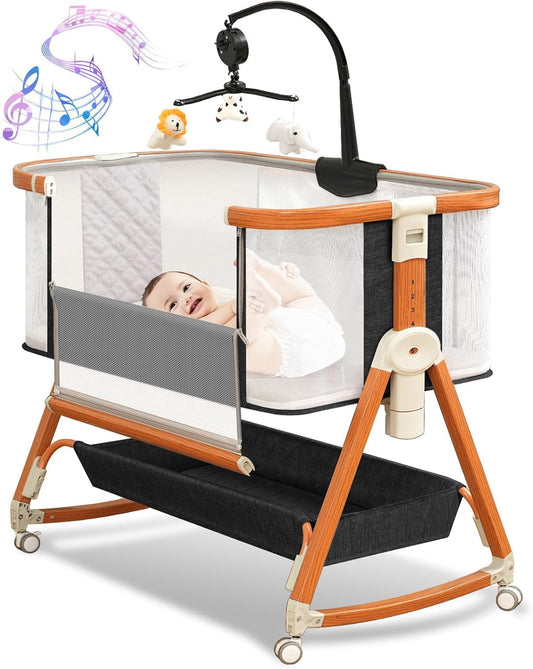 3 in 1 Bassinet,Baby Bassinets Bedside Sleeper with Musical Toy,Adjustable Height Bedside Bassinet for Baby with Wheels and Storage Basket,4-Sided Mesh Bedside Crib for Newborn 0-6 Months (Grey)